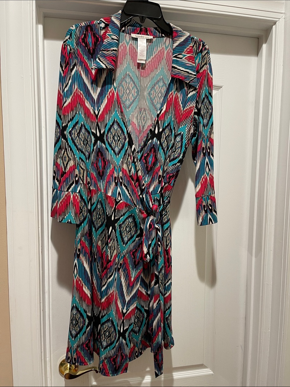 Laundry By Shelli Segal Teal, Pink & Black Ikat Wrap Dress